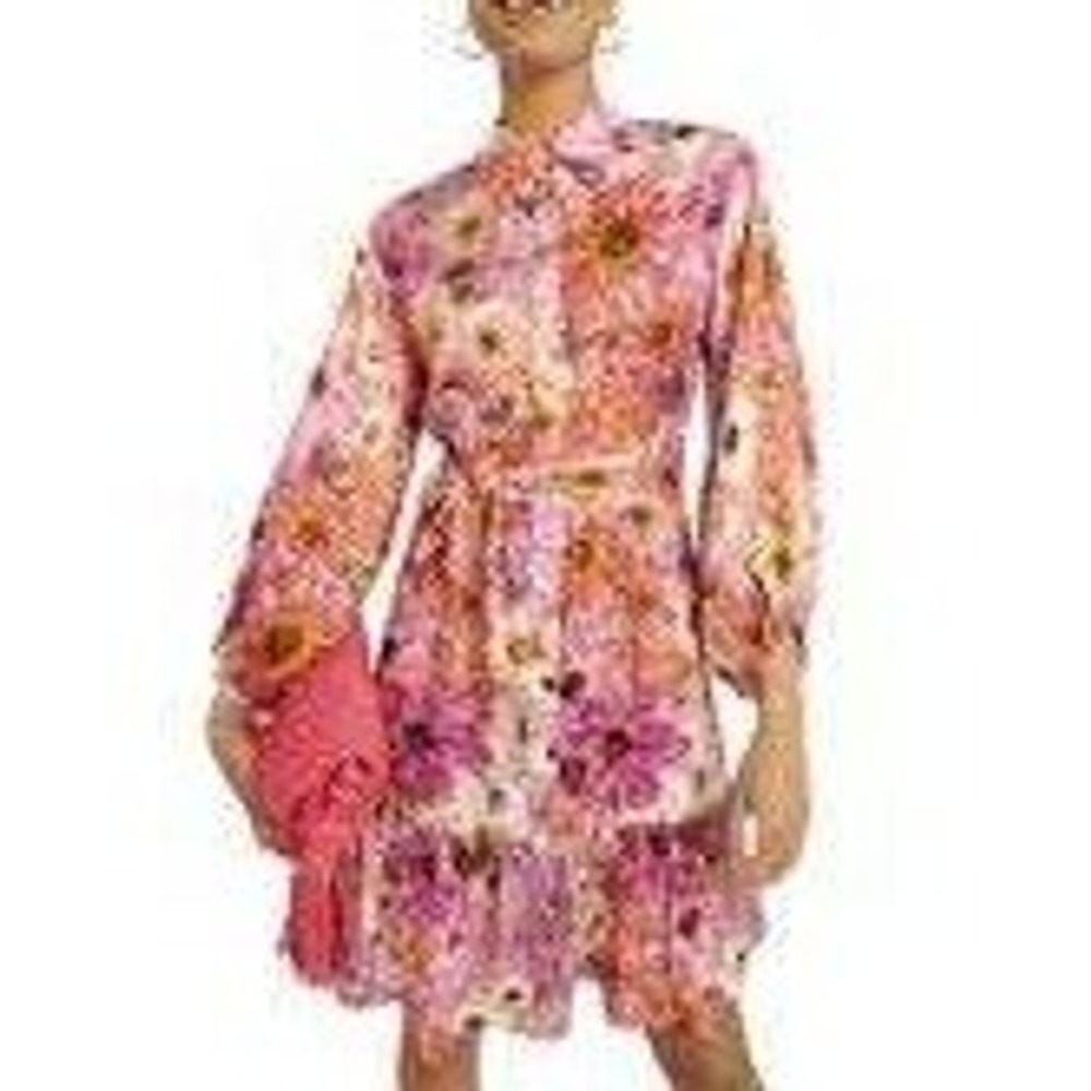 Rachel Parcell‎ Pink Purple Floral Long Sleeve Shirt Dress Size 18 Belted Mini